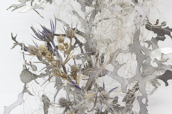 Inside Job – Will spread II, 2024, detail, stainless steel, linen yarn, dried thistle flowers