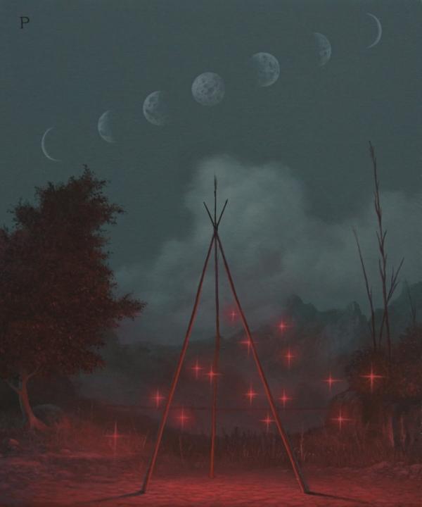 Pibi Paolo – Le lune e il falò, 2024, acrilico su tavola
